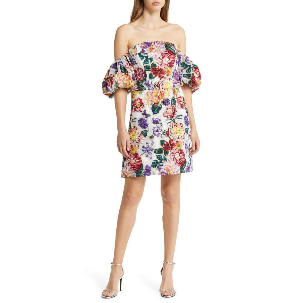 Marchesa Notte Floral Puff Sleeve Fil Coupé‎ Cocktail Dress Size 2